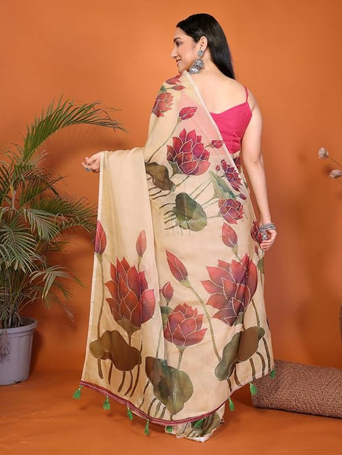 Vasthrlay Multicolour Leaf Print Organza Saree With Mustard Piping And Ruched Sleeveless Unstitched Blouse Piece