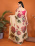Vasthrlay Multicolour Leaf Print Organza Saree With Mustard Piping And Ruched Sleeveless Unstitched Blouse Piece