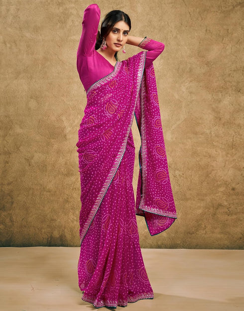 Vasthrlay Georgette Bandhani Unstitched Rani Pink Saree