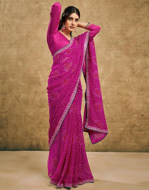 Vasthrlay Georgette Traditional Rani Pink Saree With Unstitched Blouse Piece