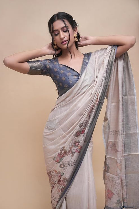 Vasthrlay Cream Abstract Print Polyester Saree With Antique Zari Border And Unstitched Blouse Piece