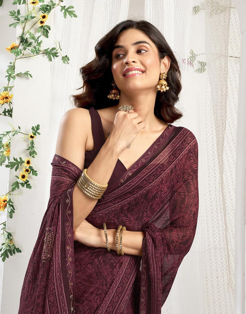 Vasthrlay Georgette Printed Unstitched Maroon Saree