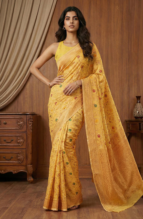 Vasthrlay Yellow Jacquard Saree