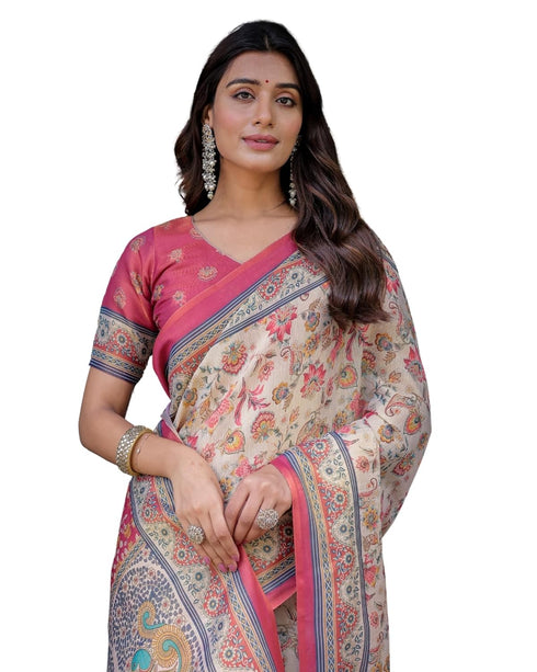 Vasthrlay Handloom Turquoise Pink Cream Saree