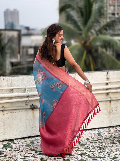 Vasthrlay Kanjivaram Organza Kalamkari Cream Purple Ethnic Wear