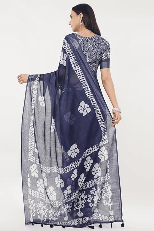 Vasthrlay Off White1 Rose Botanical Printed Linen Saree With Self Woven Border And Unstitched Blouse Piece