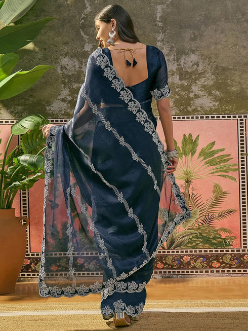 Vasthrlay Shimmer Scalloped Unstitched Navy Blue Saree