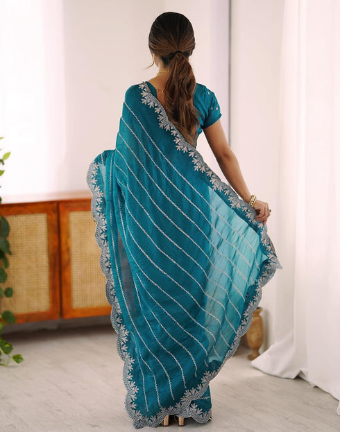 Vasthrlay Scalloped Embroidery Unstitched Lime Green Saree