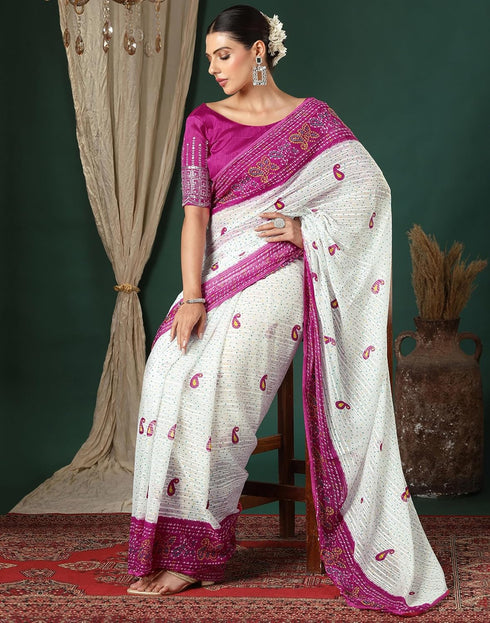 Vasthrlay Georgette Bandhani Unstitched White Saree