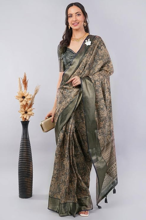 Vasthrlay Rust Striped | Floral | Solid Print Design Linen Saree