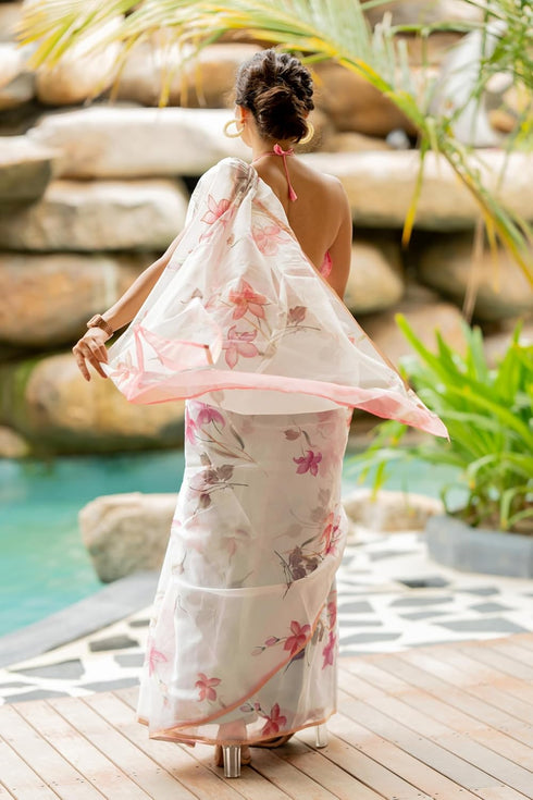 Vasthrlay Fashion Organza Printed White Ethnic Wear
