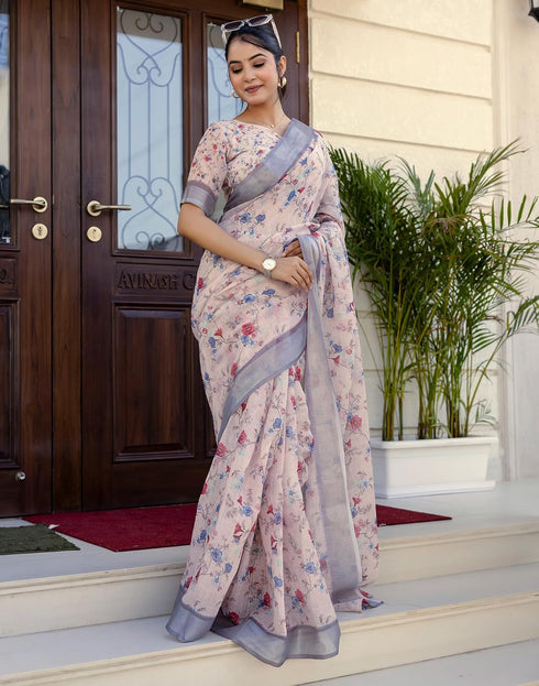 Vasthrlay Womens Printed Unstitched White Saree