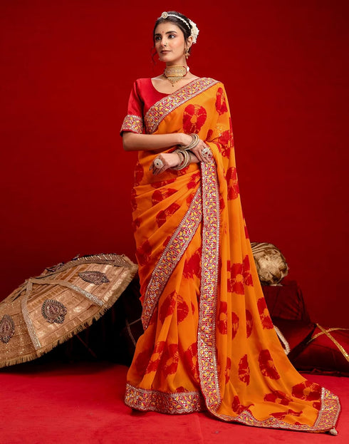 Vasthrlay Bandhani Embroidery Unstitched Orange Saree