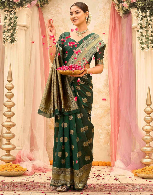 Vasthrlay Womens Weaving Unstitched Dark Green Saree