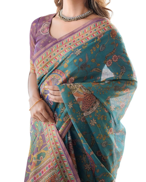 Vasthrlay Blue Beige Traditional Turquoise Saree