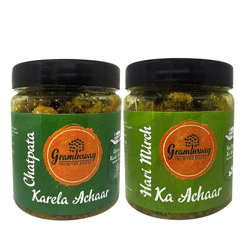 Graminway Chatpata Karela Achar and Hari Mirchi Ka Achar Combo Pack