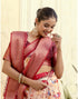 Vasthrlay Womens Printed Cream Saree With Red Unstitched Blouse Piece
