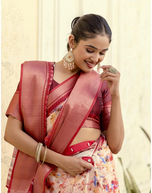 Vasthrlay Womens Printed Unstitched Beige Saree