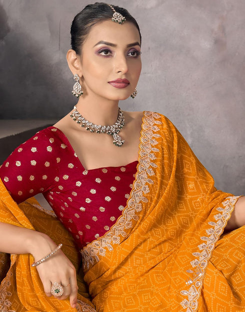 Vasthrlay Georgette Embroidery Unstitched Turmeric Yellow Saree