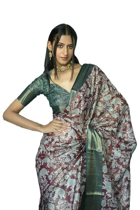 Vasthrlay Maroon Abstract Floral Polyester Saree With Zari Border And Ruched Unstitched Blouse Piece