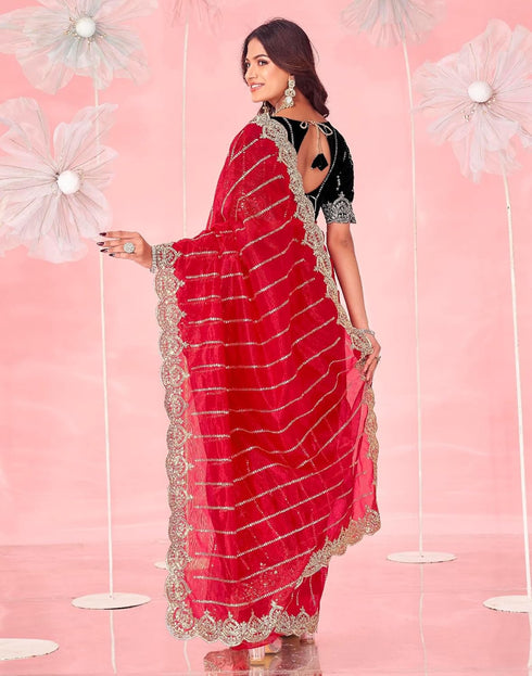 Vasthrlay Embroidery Scalloped Unstitched Red Saree