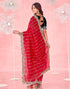 Vasthrlay Embroidery Scalloped Red Saree With Black Unstitched Blouse Piece