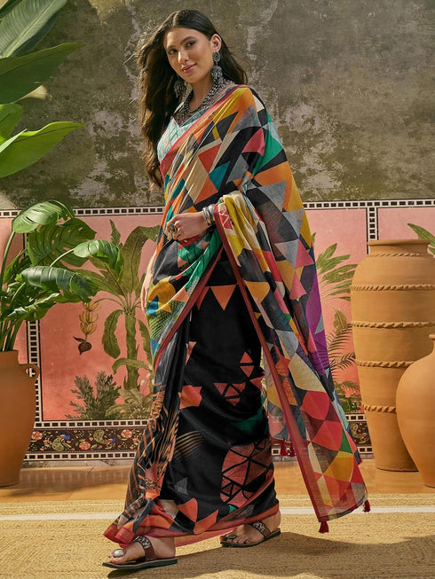 Vasthrlay Geometric Printed Unstitched Black Saree