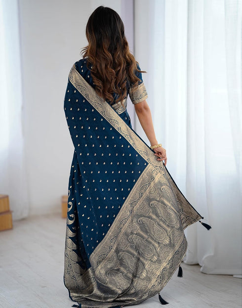 Vasthrlay Banarasi Weaving Navy Blue Saree With Unstitched Blouse Piece