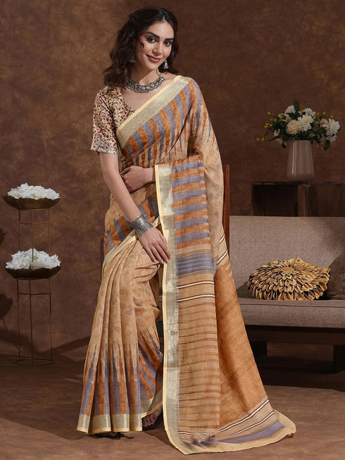 Vasthrlay Weaving Printed Beige Saree
