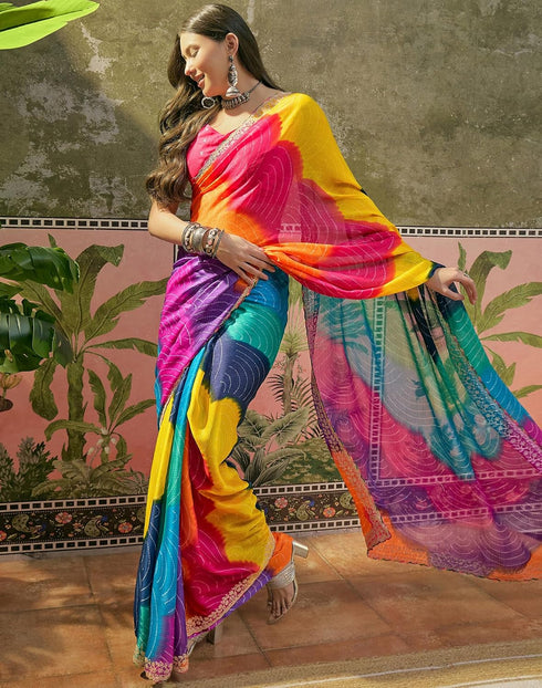 Vasthrlay Scalloped Embroidery Multicolour Saree With Unstitched Blouse Piece