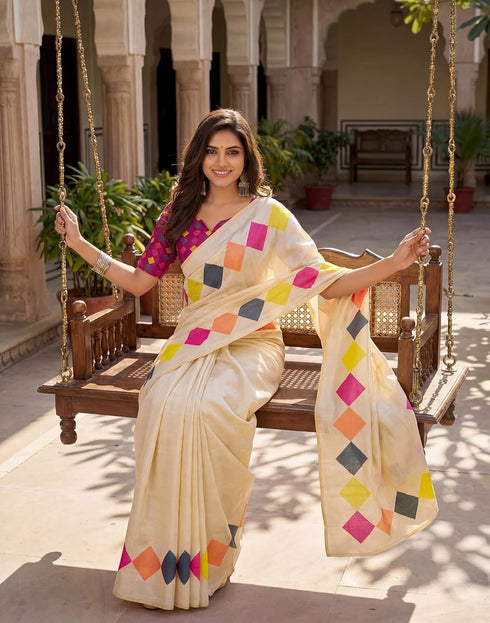 Vasthrlay Chanderi Printed Unstitched Beige Saree
