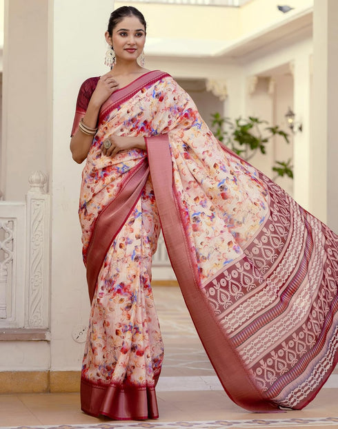 Vasthrlay Womens Printed Unstitched Beige Saree