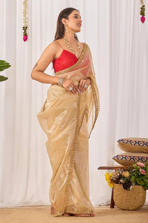 Vasthrlay Beige Plain Shimmer Saree With Sequin Border Andunstitched Blouse Piece