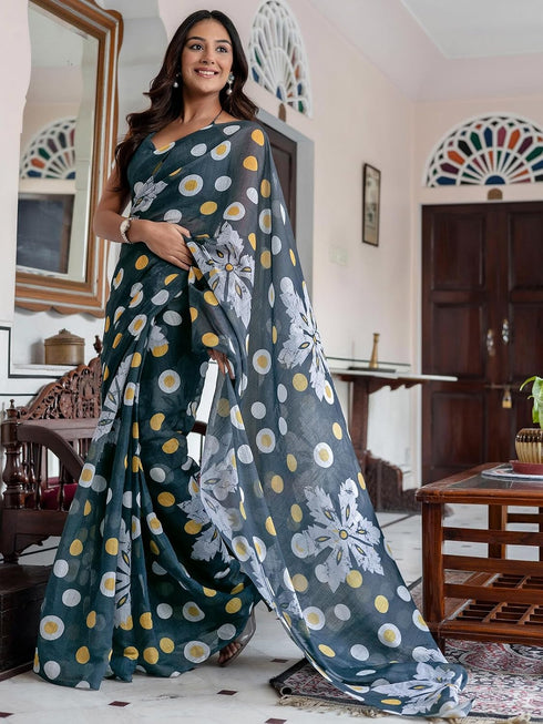 Vasthrlay Womens Printed Rama Blue Saree With Unstitched Blouse Piece