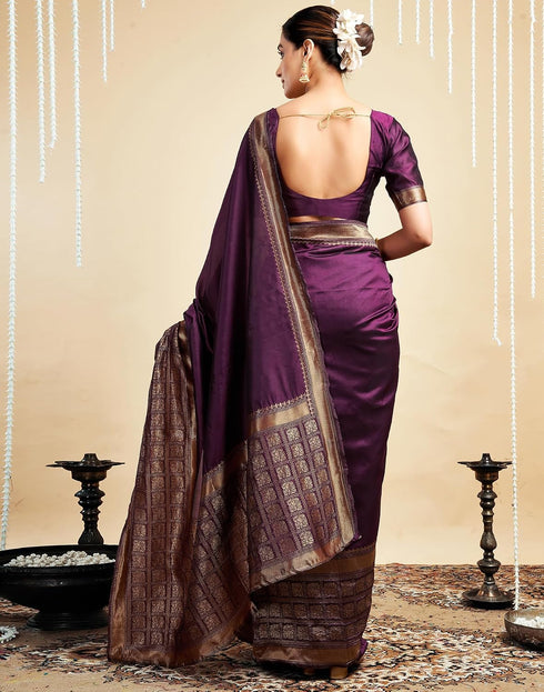 Vasthrlay Womens Banarasi Jacquard Wine Saree With Unstitched Blouse Piece