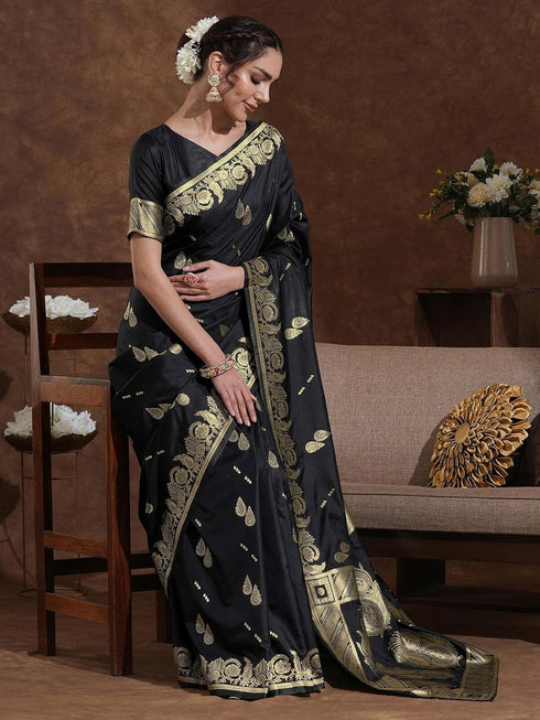 Vasthrlay Womens Weaving Black | Golden Saree With Unstitched Blouse Piece
