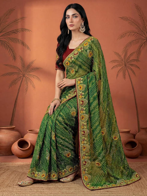 Vasthrlay Georgette Embroidery Unstitched Red Saree