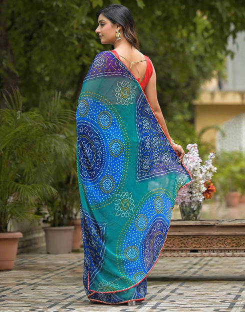 Vasthrlay Georgette Bandhani Blue Saree With Unstitched Blouse Piece