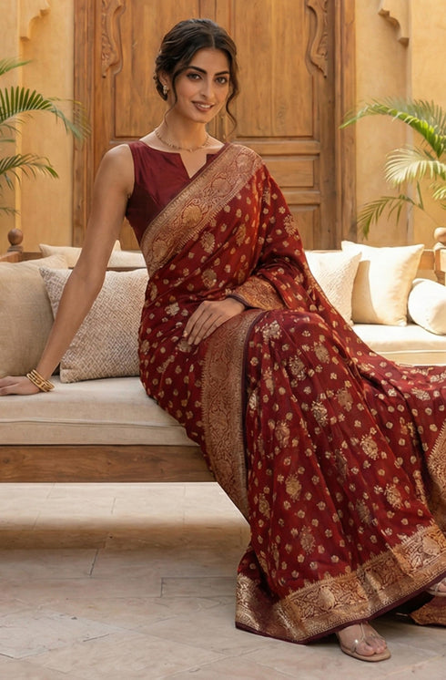Vasthrlay Maroon Jacquard Floral Saree