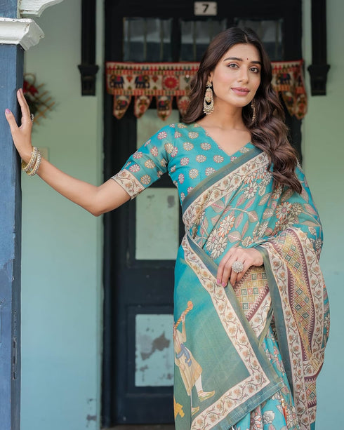 Vasthrlay Handloom Cotton Turquoise Saree