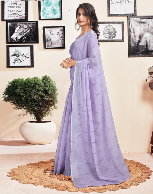 Vasthrlay Printed Striped Lavender Saree With Unstitched Blouse Piece