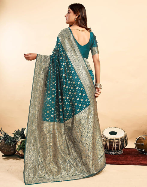 Vasthrlay Kanjivaram Banarasi Wedding Teal Blue Saree With Unstitched Blouse Piece