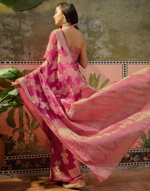 Vasthrlay Kanjivaram Jacquard Unstitched Pink Saree