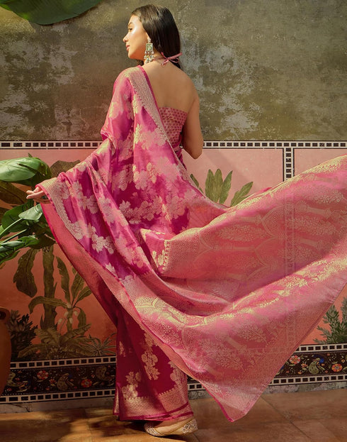 Vasthrlay Kanjivaram Jacquard Light Pink Saree With Unstitched Blouse Piece