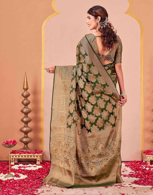 Vasthrlay Kanjivaram Jacquard Unstitched Rama Green Saree