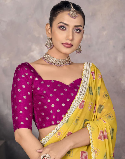 Vasthrlay Georgette Embroidery Unstitched Turmeric Yellow Saree