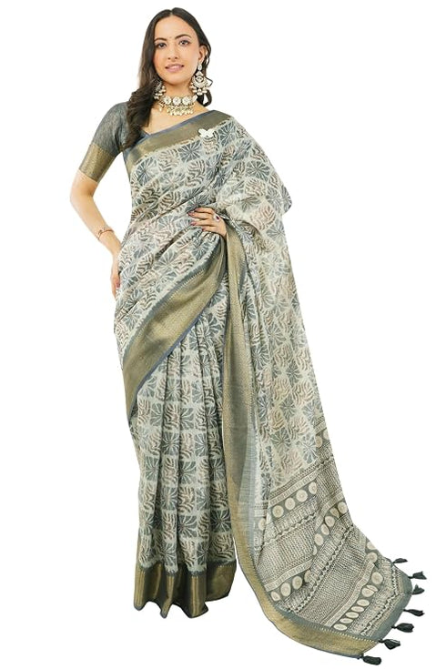 Vasthrlay Charcoal Grey Abstract Print Polyester Saree With Antique Zari Border And Unstitched Blouse Piece