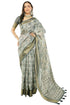 Vasthrlay Charcoal Grey Abstract Print Polyester Saree With Antique Zari Border And Unstitched Blouse Piece