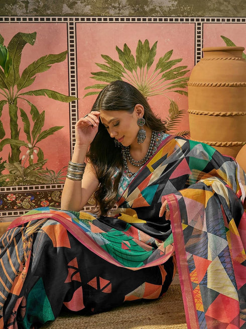 Vasthrlay Geometric Printed Unstitched Black Saree