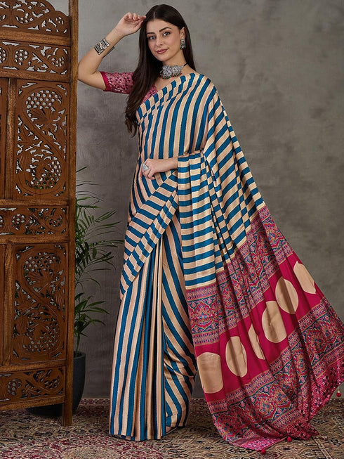 Vasthrlay Printed Tassels Cream Saree